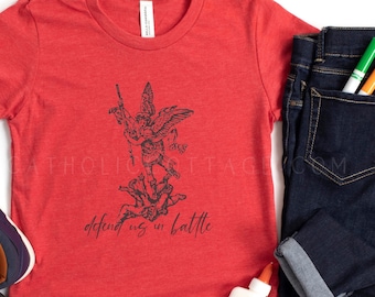 YOUTH St. Michael Defend us in Battle Tee - Catholic Saint T Shirt - Clothing for Catholic Kids