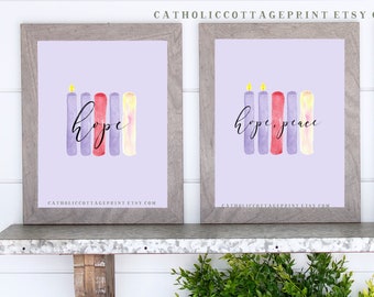 Advent Candlesticks Printable with words - hope, peace, joy, love, Christ - digital download - Advent wall decor/card