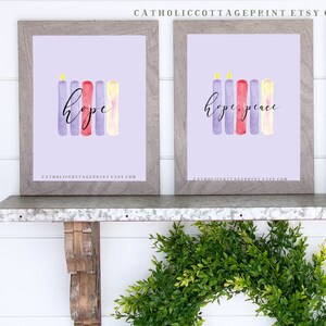 Candelabros de Adviento Imprimibles con palabras - esperanza, paz, alegría, amor, Cristo - descarga digital - Decoración/tarjeta de pared de Adviento