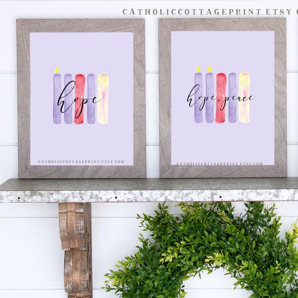 Advent Candlesticks Printable with words - hope, peace, joy, love, Christ - digital download - Advent wall decor/card