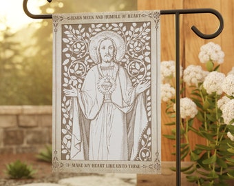 Vintage Sacred Heart Garden Flag, Catholic Garden Flag, Outdoor House Banner, Catholic Decor, Make my heart like unto Thine