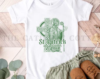 INFANT St. Patrick, ora pro nobis Baby Bodysuit - Irish Catholic Bodysuit with Celtic Cross and Three Leaf Clover - Clothing for Babies