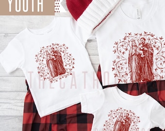YOUTH Vintage Floral Holy Family Tee - Holy Family Catholic T Shirt - Clothing for Catholic Kids, Christian Kids Shirt