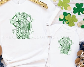 INFANT St. Patrick, ora pro nobis Baby Bodysuit - Irish Catholic Bodysuit with Celtic Cross and Three Leaf Clover - Clothing for Babies