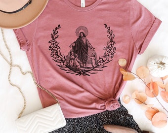 Jesus and the Little Children - Vintage Floral Wreath Tee - Catholic/Christian Unisex Short Sleeve Tee - Catholic Gift