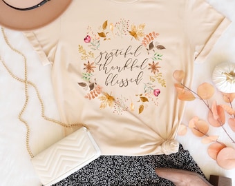 Grateful Thankful Blessed Autumn/Fall T shirt - Catholic Gifts for Women and Girls - Unisex Short Sleeve Tee