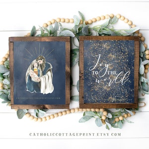 Paquete imprimible de tarjetas de Navidad - Alegría para el mundo, Sagrada Familia imprimible - Decoración/Arte de la pared de Adviento, Regalo de Navidad