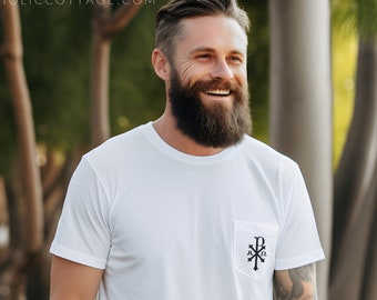 Chi Ro Pocket Tee - Catholic T Shirts for Men, Husband, Father - Catholic Father's Day Gift, Christmas Gift, Birthday - Christogram Shirt