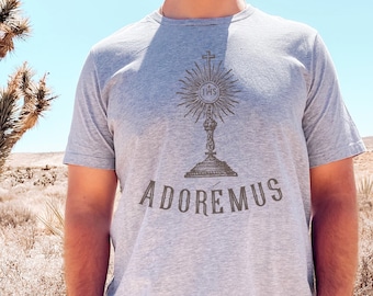 Eucharistic Adoration T Shirt - "Adoremus" Latin for "Let us adore" - Unisex Short Sleeve Tee - Catholic T Shirts for Men and Women