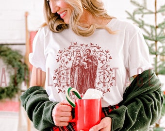 Vintage Holy Family T Shirt, Catholic Christmas Shirt, Christmas Pajamas, Catholic Women and Girls Apparel