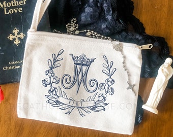 Chapel Veil Mass Bag - Our Lady's Fiat with Floral Auspice Maria - Catholic Mary Bag - Mary Rosary Pouch/Tote - Cotton Canvas Zipper Pouch