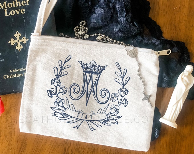 Featured listing image: Chapel Veil Mass Bag - Our Lady's Fiat with Floral Auspice Maria - Catholic Mary Bag - Mary Rosary Pouch/Tote - Cotton Canvas Zipper Pouch