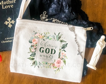 Chapel Veil Mass Bag - St. Gianna "Whatever God Wants" - Catholic Mass Bag - Rosary Pouch/Tote - Cotton Canvas Zipper Pouch