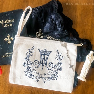 Chapel Veil Mass Bag - Our Lady's Fiat with Floral Auspice Maria - Catholic Mary Bag - Mary Rosary Pouch/Tote - Cotton Canvas Zipper Pouch