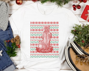 St. Nicholas, pray for our children T Shirt - Unisex Short Sleeve Tee - Catholic Ugly Christmas "Sweater" Shirt for Men and Women