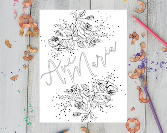 Catholic coloring page - "Ave María", meaning Hail Mary in Latin - Catholic Marian Printable, digital download