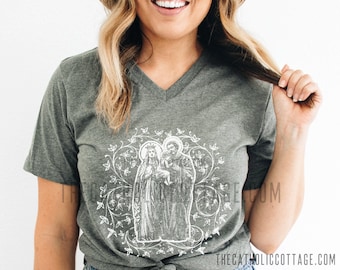 Vintage Floral Holy Family T Shirt - Unisex V-Neck Short Sleeve Tee - Catholic Gifts for Women and Girls