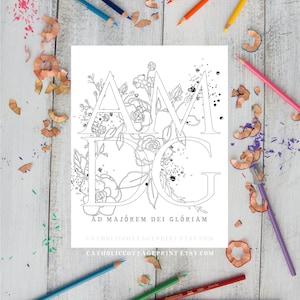 Floral AMDG kleurplaat "Ad Majórem Dei Glóriam" in het Latijn "Voor de grotere glorie van God" - katholieke afdrukbare, digitale download