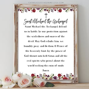 St. Michael de Aartsengel - katholiek/christelijk gebed in het Engels en Latijn, digitaal afdrukbaar, gebedskaart en bloemkunst aan de muur