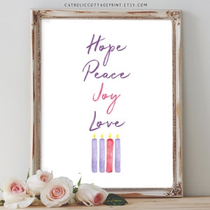 Advent Candles Printable - Hope, Peace, Joy, Love, Christmas Card/Wall Decor