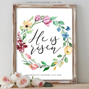 Christian Easter Printable - "He is Risen" - Digital Download, Spring Floral Decor