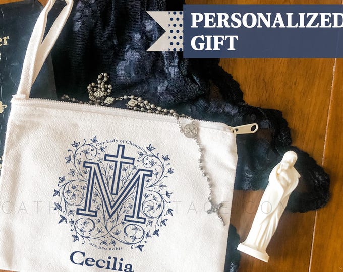 Featured listing image: PERSONALIZED Our Lady of Champion Chapel Veil Bag - Catholic Marian Mass Bag - Mary Rosary Pouch/Tote - Cotton Canvas Zipper Pouch