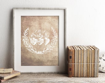 Vintage Holy Family Hearts Printable - Catholic Saint Print - Holy Family Decor - Jesus, Mary, and Joseph Floral Hearts
