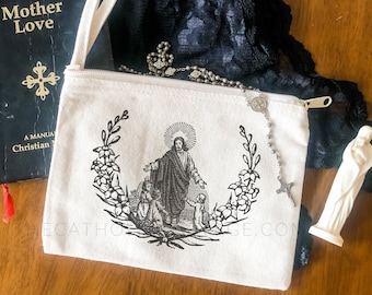 Chapel Veil Mass Bag - Jesus with the Little Children - Catholic Mass Bag - Rosary Pouch/Tote - Cotton Canvas Zipper Pouch