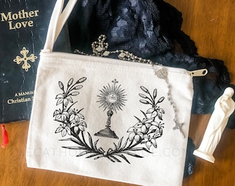 Chapel Veil Mass Bag - Floral Holy Eucharist - Catholic Mass Bag - Adoration Clutch - Rosary Pouch/Tote - Cotton Canvas Zipper