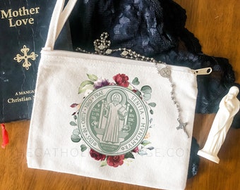 Floral St. Benedict Medal Chapel Veil Bag - Catholic Mass Bag - Rosary Pouch/Tote - Cotton Canvas Zipper Pouch