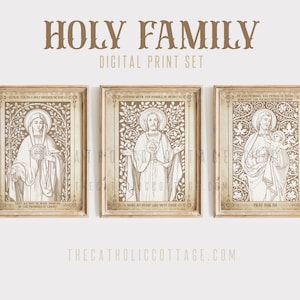 Vintage Holy Family Digital Print Set - Sacred Heart of Jesus, Immaculate Heart, St. Joseph, Child Jesus - Catholic Saint Print JMJ Download
