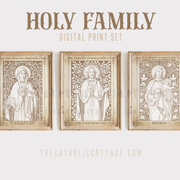 Vintage Heilige Familie Digitaldruck Set - Heiliges Herz Jesu, Unbeflecktes Herz, St. Joseph, Jesuskind - Katholischer Heiliger Print JMJ Download