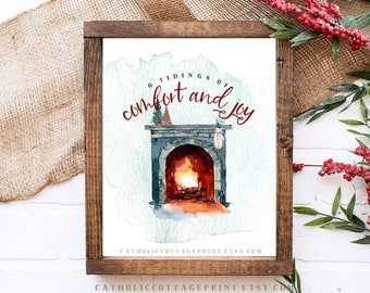 O Tidings of Comfort and Joy -  Winter Fireplace Printable - Digital download, Christmas Card/Wall Decor, God Rest Ye Merry Gentlemen
