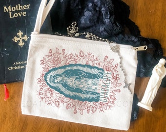 Chapel Veil Mass Bag - Our Lady of Guadalupe - Catholic Mass Bag - Rosary Pouch/Tote - Cotton Canvas Zipper Pouch