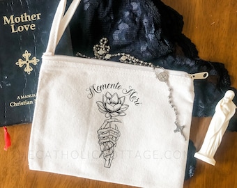 Chapel Veil Mass Bag - Floral Memento Mori - Catholic Mass Bag/Clutch - Rosary Pouch/Tote - Canvas Zipper
