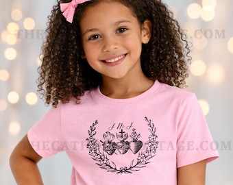YOUTH 3 Holy Hearts JMJ Tee - Holy Family Catholic T Shirt - Clothing for Catholic Kids