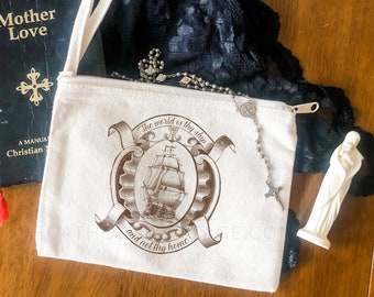 Chapel Veil Mass Bag - St. Therese of Lisieux - "The world is thy ship" Catholic Mass Bag/Clutch - Rosary Pouch/Tote - Canvas Zipper