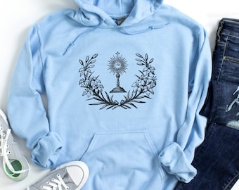 Floral Holy Eucharist Catholic Hoodie - Unisex Hooded Sweatshirt - Catholic Men's and Women's Apparel - Adoration Apparel