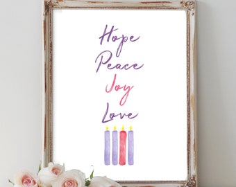 Advent Candles Printable - Hope, Peace, Joy, Love, Christmas Card/Wall Decor