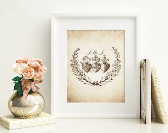 Vintage Holy Family Hearts Printable - Catholic Saint Print - Holy Family Decor - Jesus, Mary, and Joseph Floral Hearts