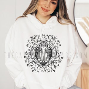 Floral St. Benedict Medal Hoodie, Catholic Saint Hooded Sweatshirt - Catholic Women&#39;s Hoodie