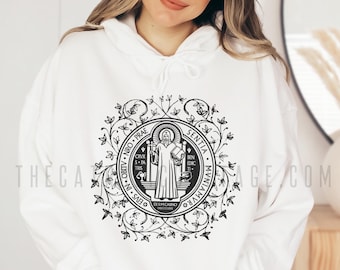 Floral St. Benedict Medal Hoodie, Catholic Saint Hooded Sweatshirt - Catholic Women's Hoodie