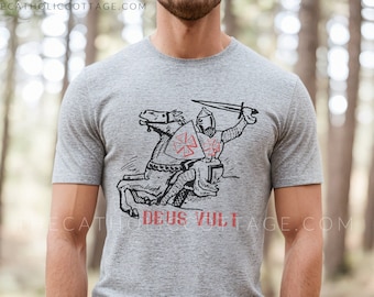 Deus Vult Crusader Catholic T Shirt - Latin for "God wills it" - Catholic Apparel for Men and Women - Short Sleeve Tee