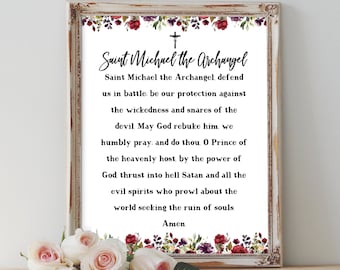 St. Michael the Archangel - Catholic/Christian Prayer in English and Latin, Digital Printable, Prayer Card and Flower Wall Art