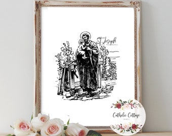 St. Joseph the worker holding the Child Jesus - Catholic Saint Printable - Digital Download - Ora Pro Nobis