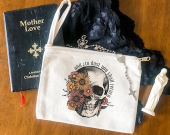 Floral Memento Mori "and to dust you shall return" Chapel Veil Bag - Catholic Mass Bag/Clutch - Rosary Pouch/Tote - Canvas Zipper