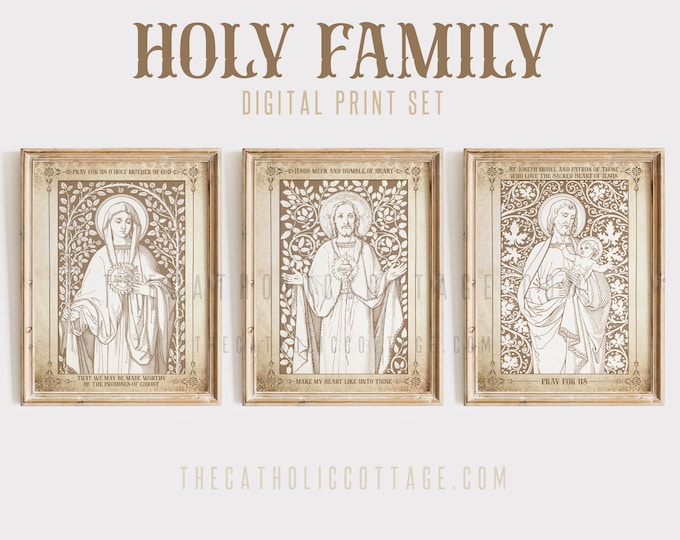 Featured listing image: Vintage Holy Family Digital Print Set - Sacred Heart of Jesus, Immaculate Heart, St. Joseph, Child Jesus - Catholic Saint Print JMJ Download