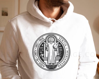 St. Benedict Medal Hoodie, Catholic Saint Hooded Sweatshirt - Catholic Men & Women Hoodie