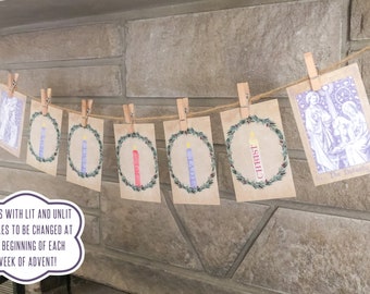Advent Candle Wreath Banner with Vintage Annunciation & Nativity - St. Andrew's Christmas Novena - Advent and Christmas Decor