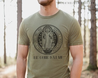 St. Benedict Medal T Shirt - "Be gone satan. Drink the poison yourself" - Unisex Short Sleeve Tee - Catholic Tshirts for Men and Women